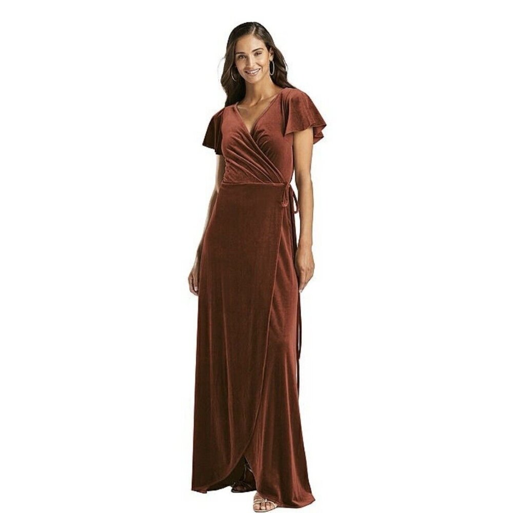 After Six 1538 Auburn Moon Velvet Wrap Maxi Evening Dress Pockets Large ($200)